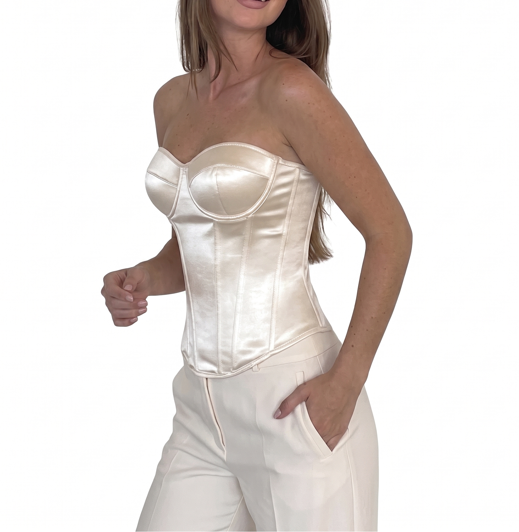 The “Blanche Élégance” Corset – White Structured Strapless Bustier for a Sculpted Silhouette | La Beauté du Corset